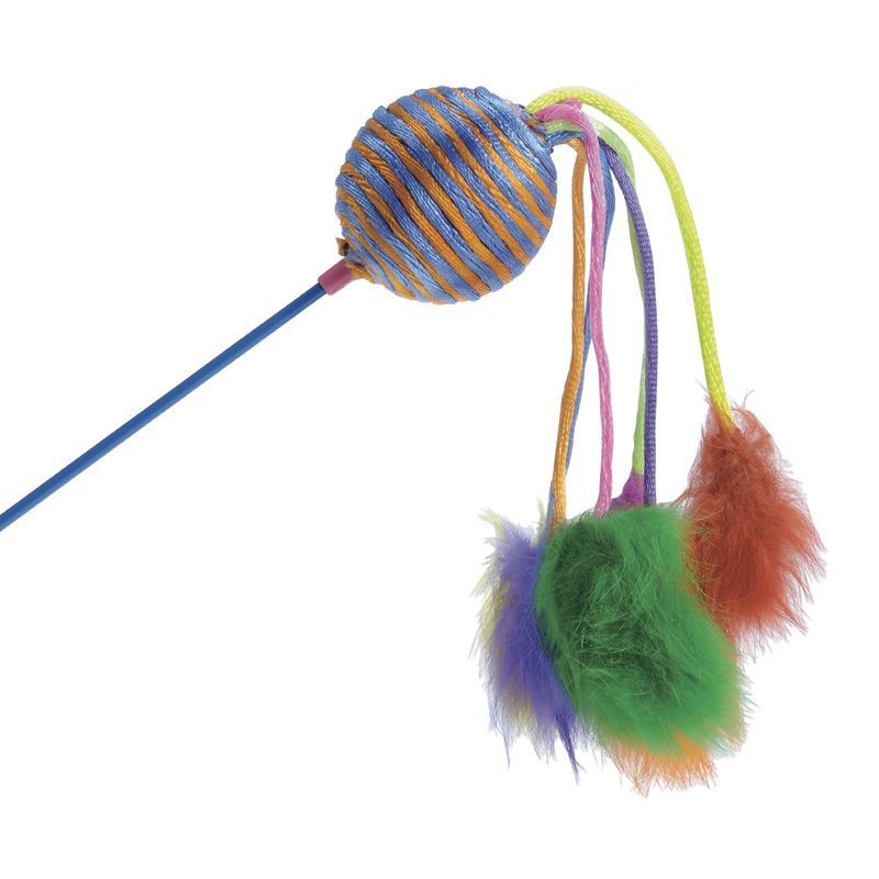 Höyhenlelukeppi värikkäällä helistinpallolla ja plyysihännillä värilajitelma. Pallo 4.5 cm keppi 60 cm